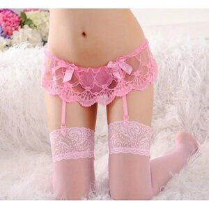 Sexy Pink Lace Garter Belt With Bows & Stockings*Sissy*Femboy*Seductive*NIP
